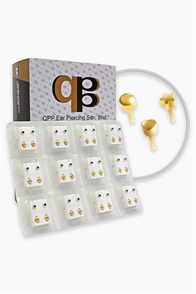 QPP Kulak Delme Küpesi 12 Çift Sarı Karışık (Top,Kalp,Yıldız)